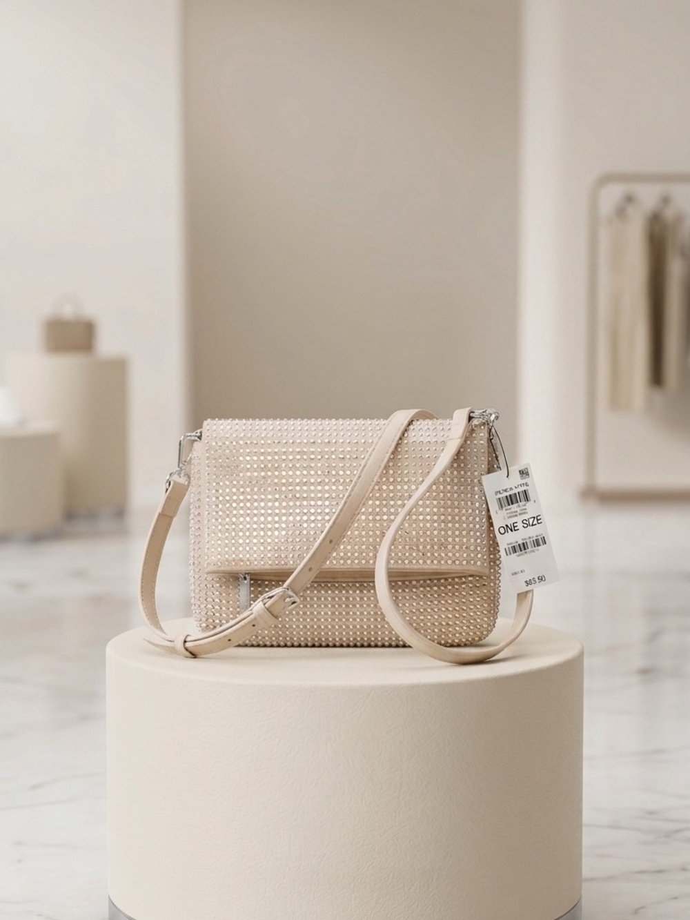 Beige Rhinestone-Studded Crossbody Bag - Unbranded